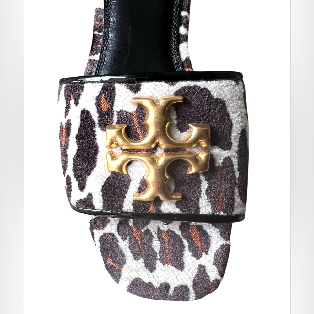 TORY BURCH ELEANOR Leather Leopard Print Gold Medallion Slide Sandals Size 8 - Picture 6 of 16